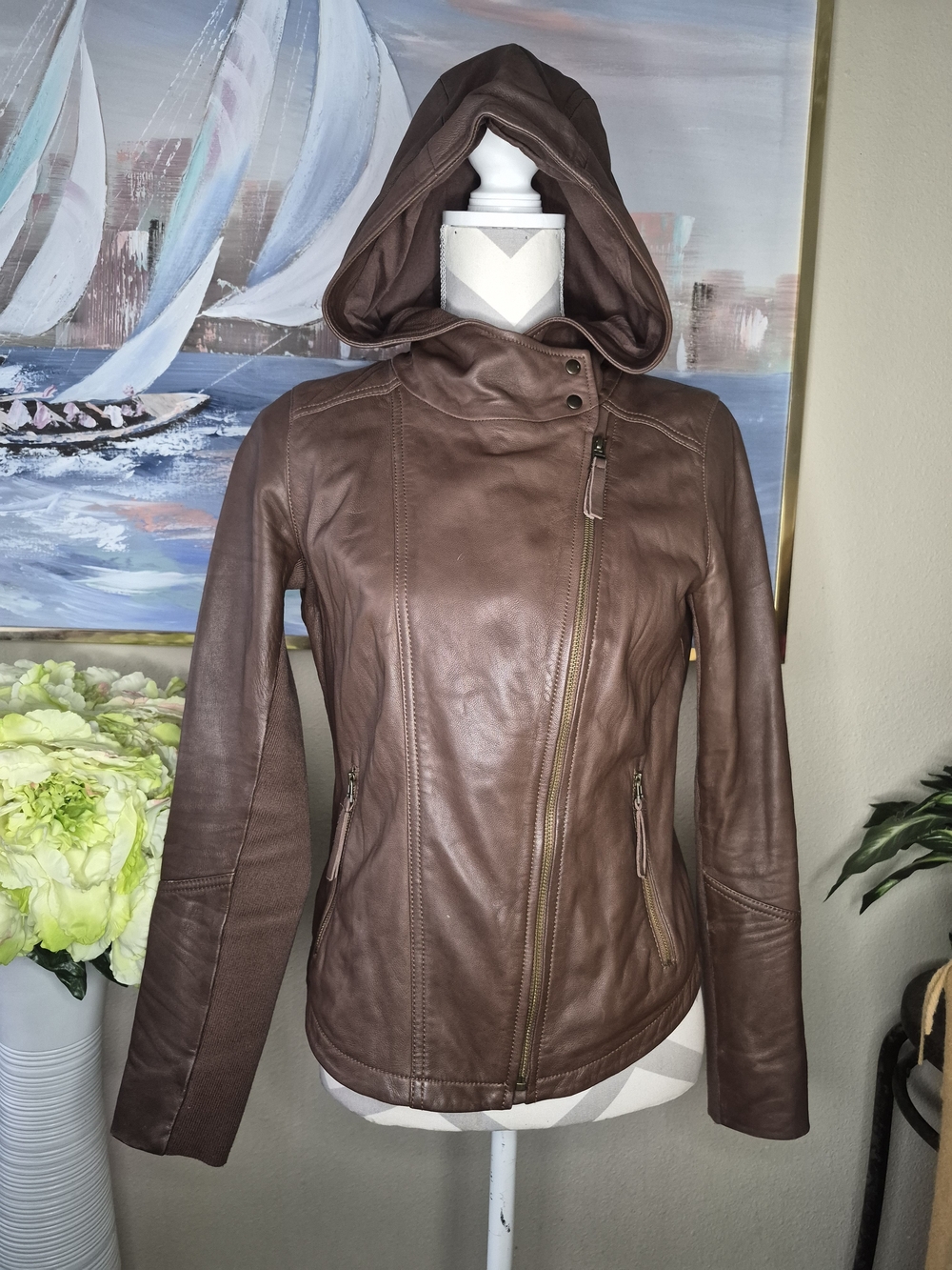 hinge Womens Brown Leather Hooded Moto Jacket